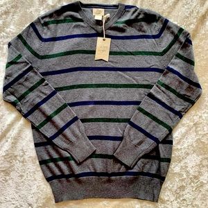 NWT Bowen & Wright V-Neck Sweater - Charcoal Grey with Navy/Forest Green Stripes